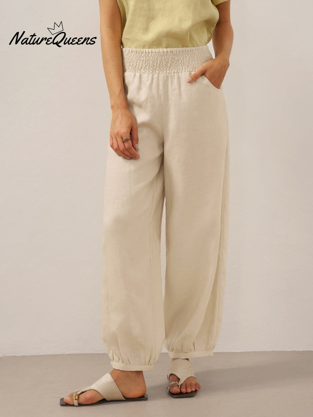 100% Linen Broad Elastic Waistband Pants TALIA