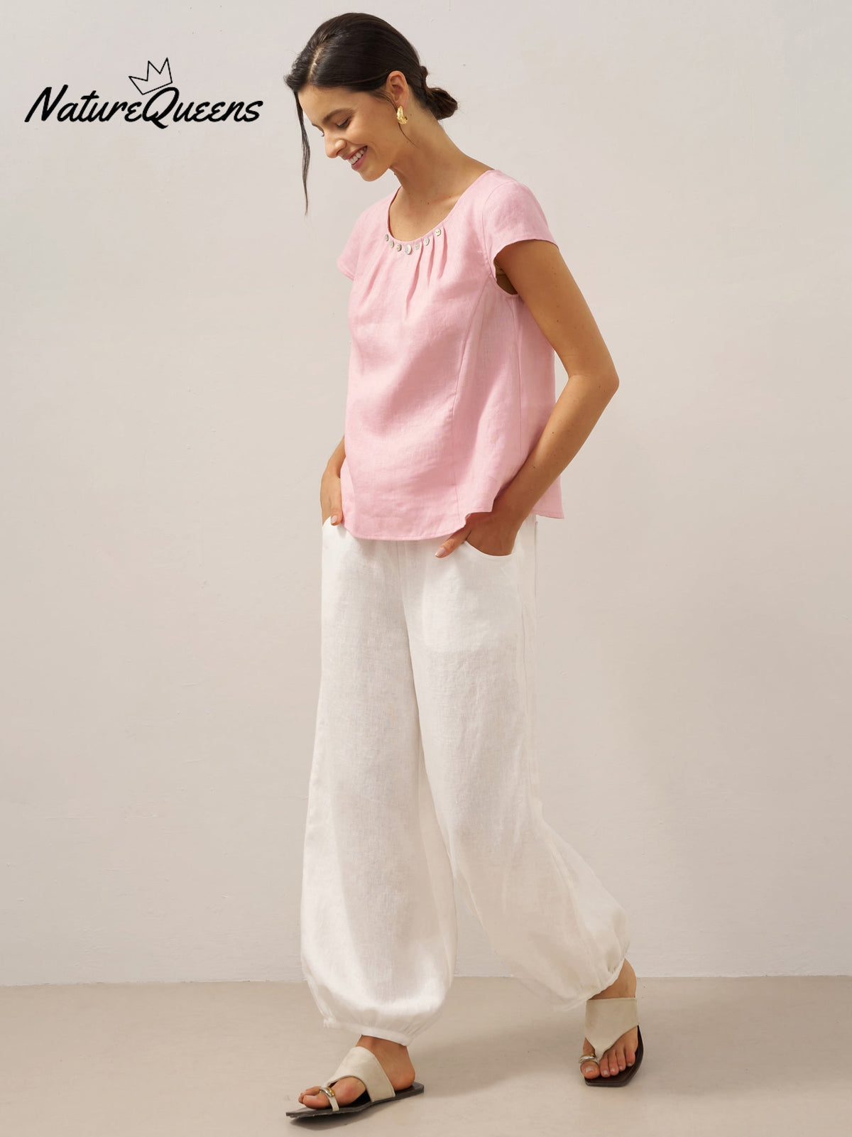 100% Linen Broad Elastic Waistband Pants TALIA