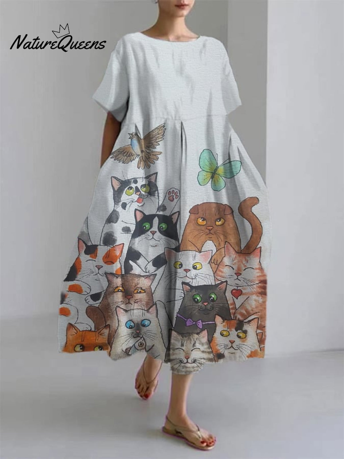 Women's Cute Cat Short Sleeve Linen Blend Midi Dress