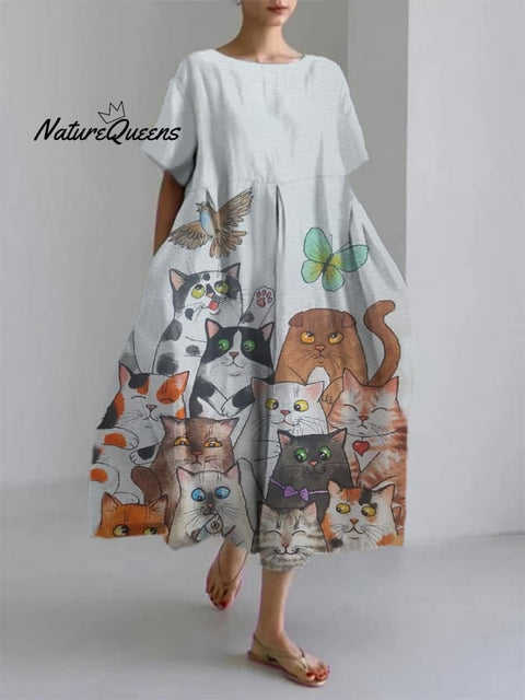 Women's Cute Cat Short Sleeve Linen Blend Midi Dress