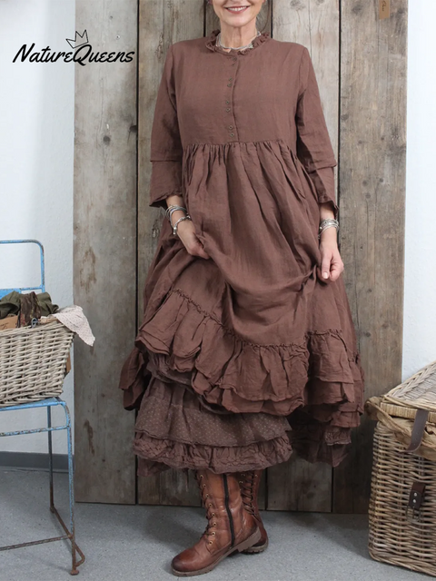 Women's Retro Double-layer Ruffled Hem Linen Dress