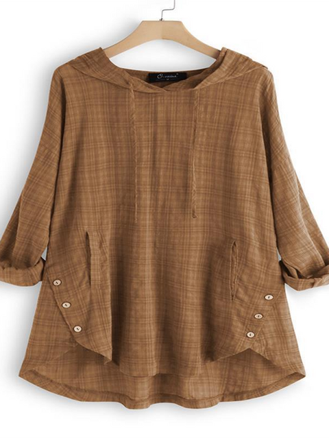 Button-Hem Plaid Linen Hooded Shirt