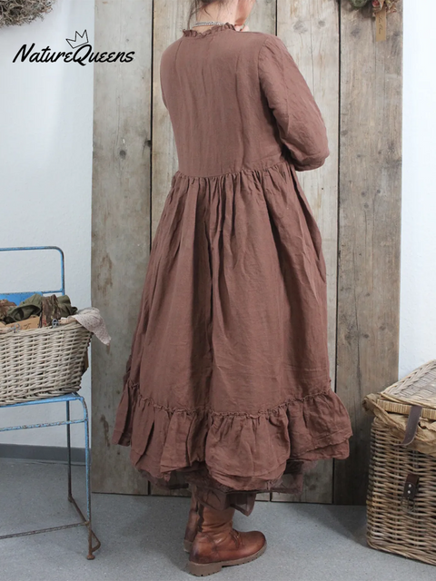 Women's Retro Double-layer Ruffled Hem Linen Dress