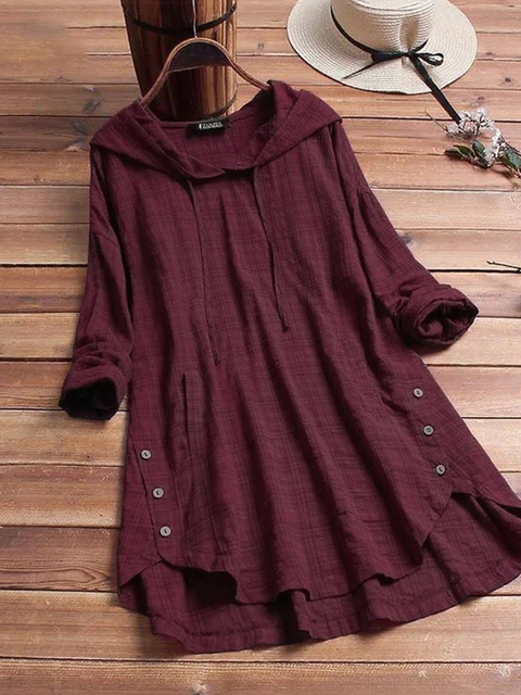 Button-Hem Plaid Linen Hooded Shirt