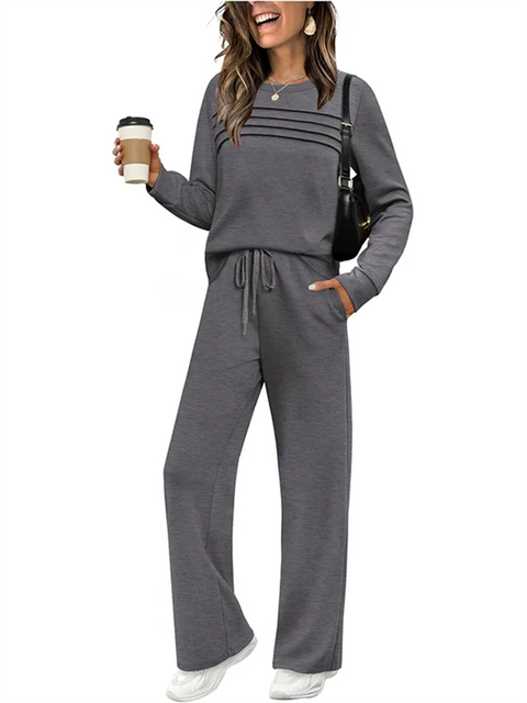 Women's Casual Sports Travel Pleated Top and Pants Two-piece Set