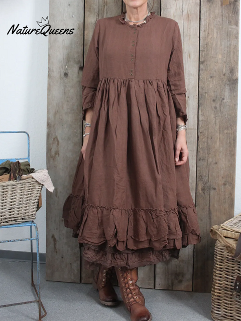Women's Retro Double-layer Ruffled Hem Linen Dress