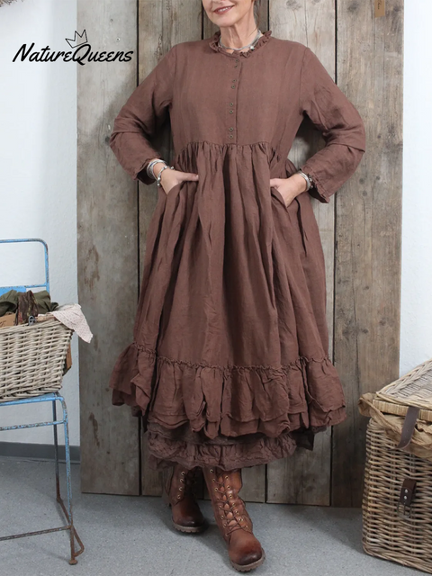 Women's Retro Double-layer Ruffled Hem Linen Dress