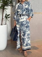 Women's Elegant Scroll Belted Shirt Dress