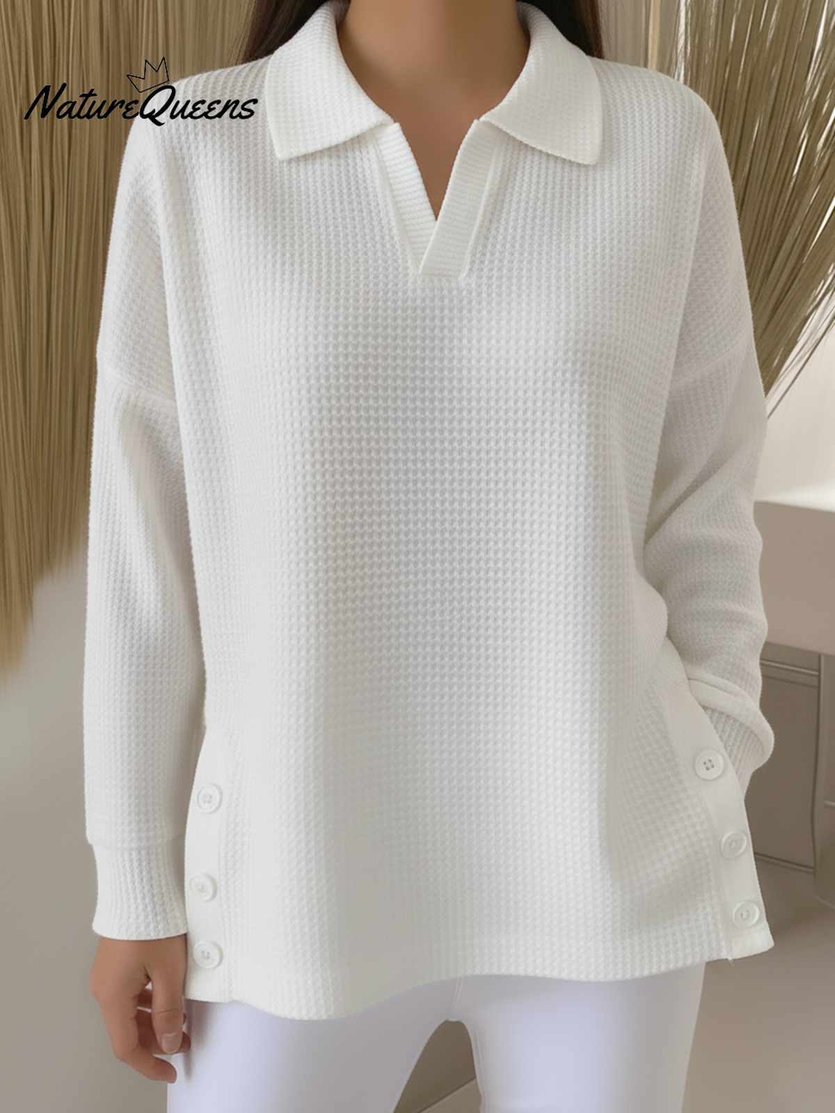 Casual Polo Neck Side Slit Button Waffle Pullover Top