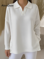Casual Polo Neck Side Slit Button Waffle Pullover Top