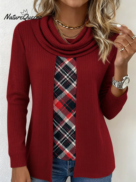 Women's Casual Scarf Collar Plaid Patchwork Knitted Pullover Top