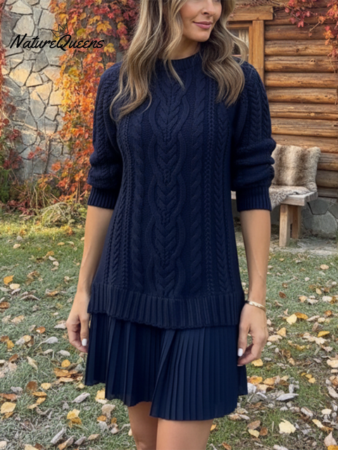 Women's Retro Elegant Cable Knit Paneled Hem Dress