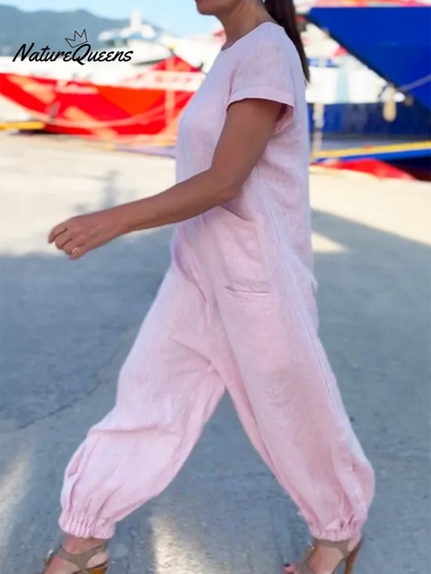 Women's Round Neck Loose Pocket Wide Leg Pants
