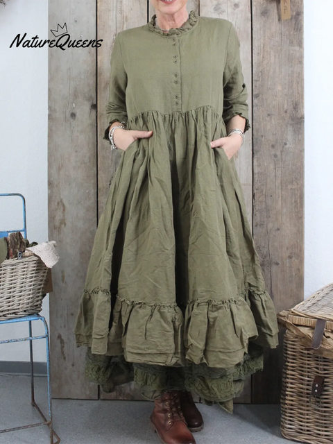 Women's Retro Double-layer Ruffled Hem Linen Dress