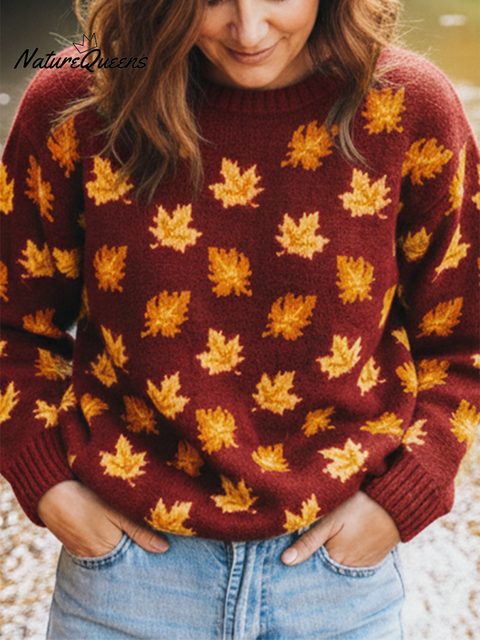 Colorful Maple Leaf Crew Neck Loose Sweater