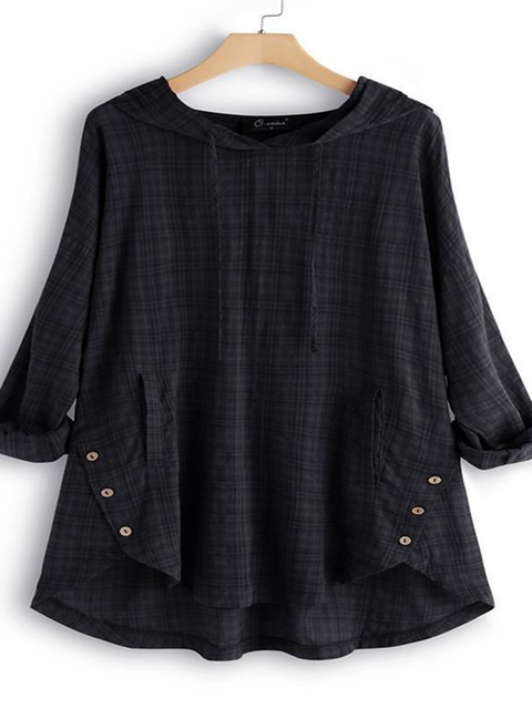 Button-Hem Plaid Linen Hooded Shirt