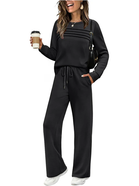 Women's Casual Sports Travel Pleated Top and Pants Two-piece Set