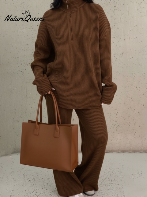 Women's Casual Solid Color Zipper Knit Top Wide Leg Pants Two-Piece Set
