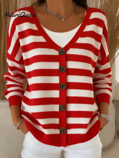 Women's Soft Christmas Striped Button Cardigan Sweater