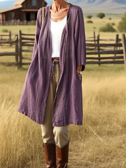 Women's Solid Color Cotton and Linen Mid-length Cardigan