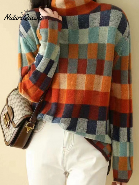 Women's Colorful Checkerboard Wool Knit Top