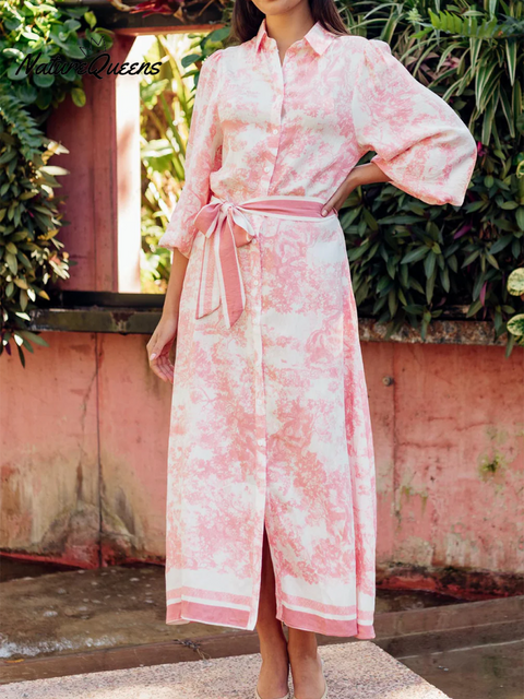 Women's Elegant Scroll Belted Shirt Dress