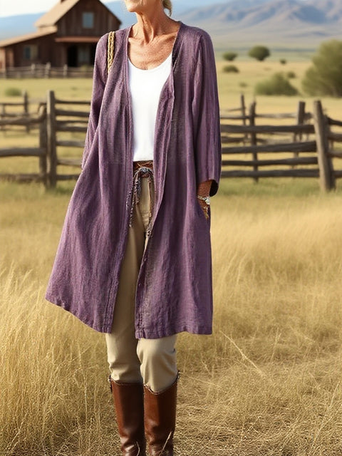 Women's Solid Color Cotton and Linen Mid-length Cardigan