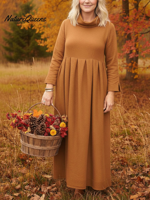 Elegant and Classic Solid Color Cowl Neck Pleated Midi Dress