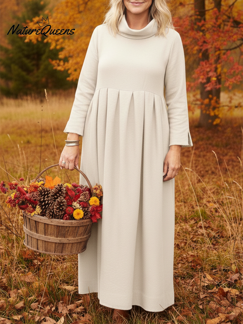 Elegant and Classic Solid Color Cowl Neck Pleated Midi Dress