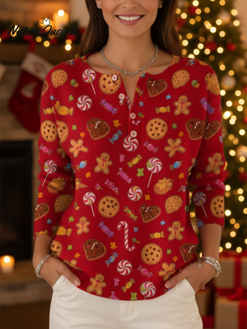 Women's Cute Cookie Print Henley Neck Sweater Top