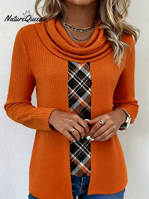 Women's Casual Scarf Collar Plaid Patchwork Knitted Pullover Top