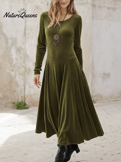 Elegant Solid Color Round Neck Stretch Velvet Midi Dress