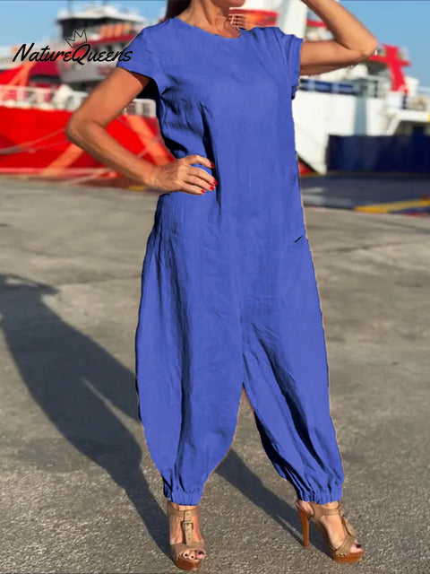 Women's Round Neck Loose Pocket Wide Leg Pants