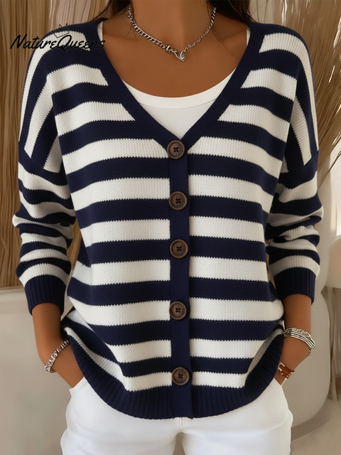 Women's Soft Christmas Striped Button Cardigan Sweater
