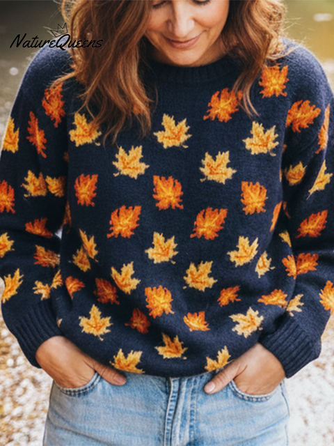 Colorful Maple Leaf Crew Neck Loose Sweater