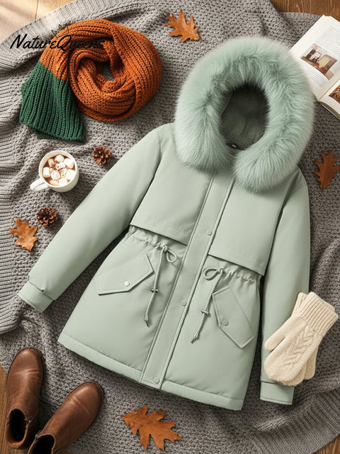Women's Casual Solid Color Fur Collar Hooded Down Jacket