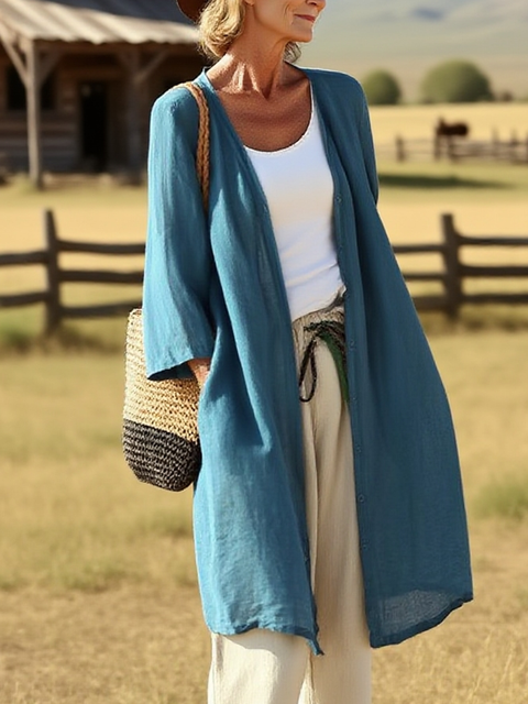 Women's Solid Color Cotton and Linen Mid-length Cardigan