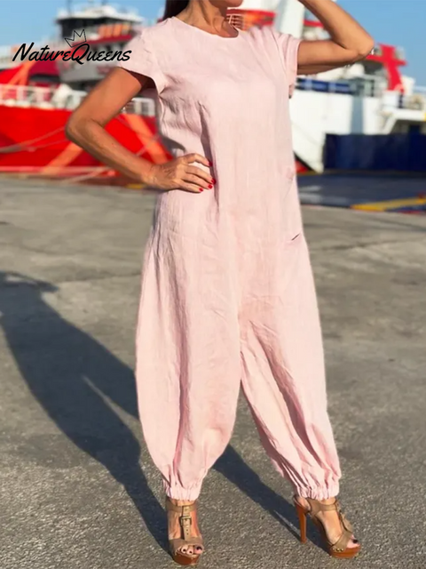 Women's Round Neck Loose Pocket Wide Leg Pants