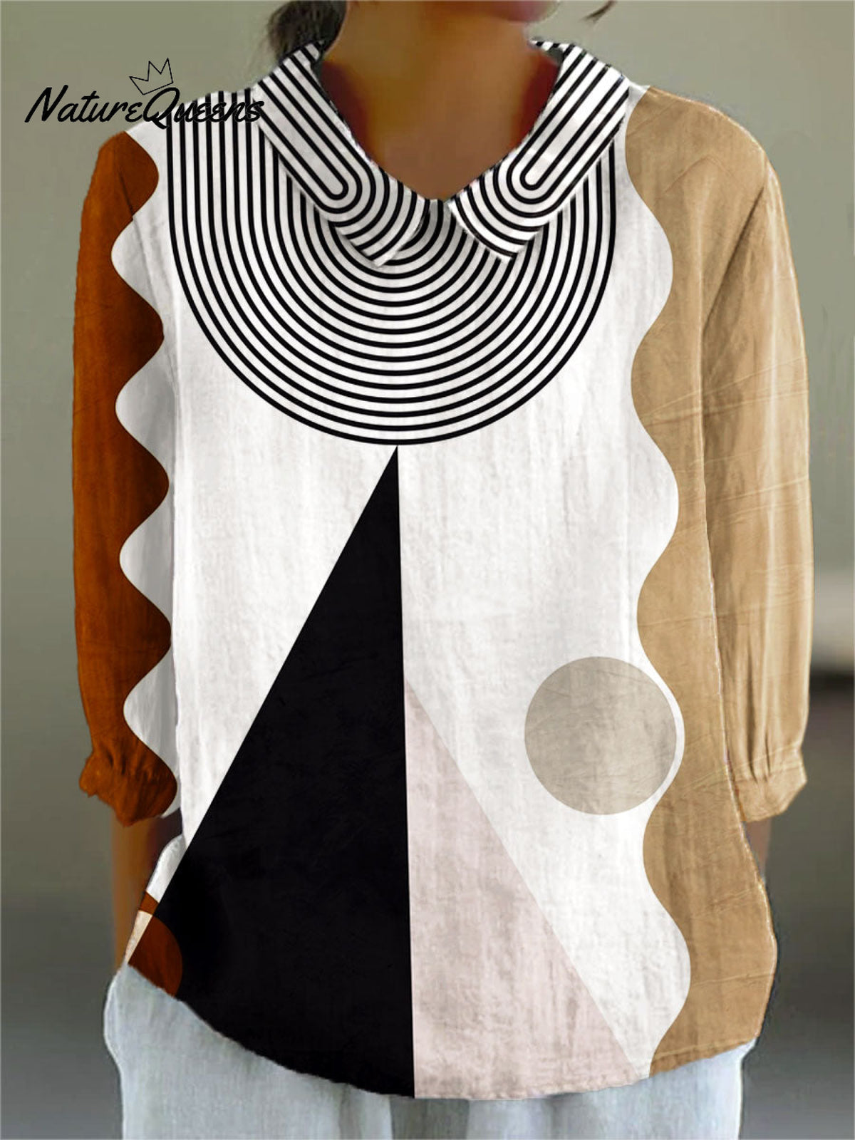Women's Vintage Abstract Geometric Art Print Casual Cotton And Linen 3/4 Sleeve Shirt