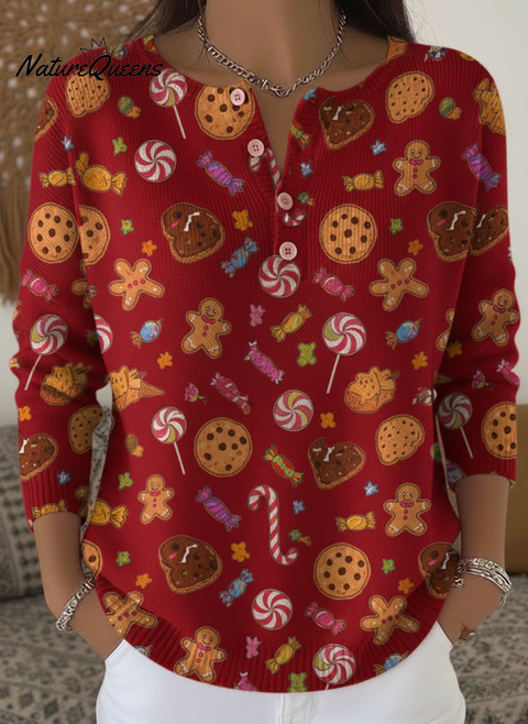 Women's Cute Cookie Print Henley Neck Sweater Top