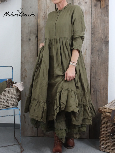 Women's Retro Double-layer Ruffled Hem Linen Dress