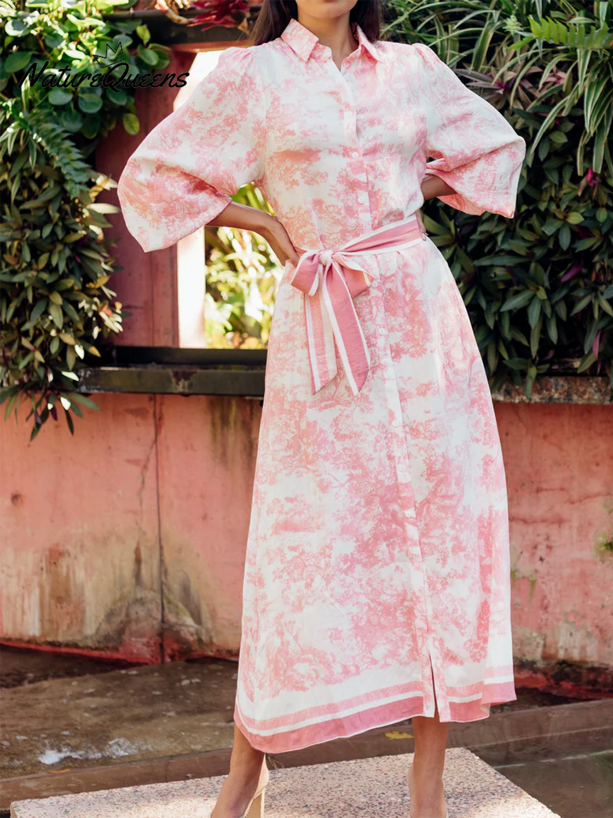 Women's Elegant Scroll Belted Shirt Dress