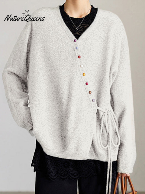 Women's Colorful Button Wool Lace-Up Sweater