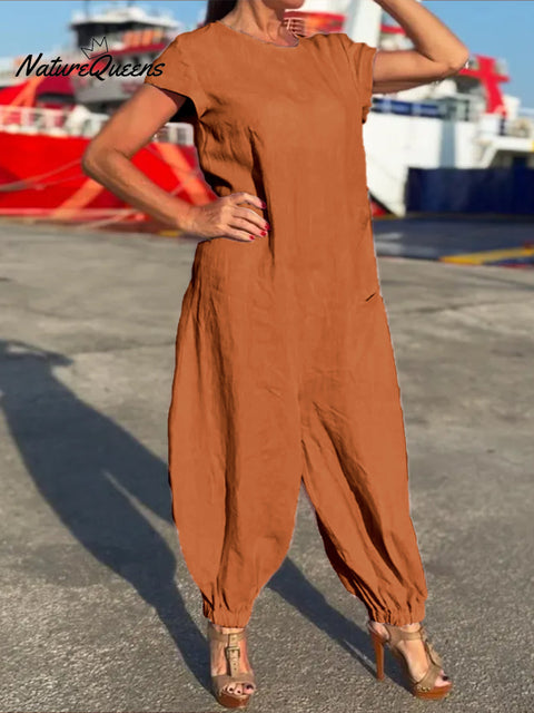 Women's Round Neck Loose Pocket Wide Leg Pants