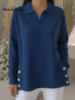Casual Polo Neck Side Slit Button Waffle Pullover Top