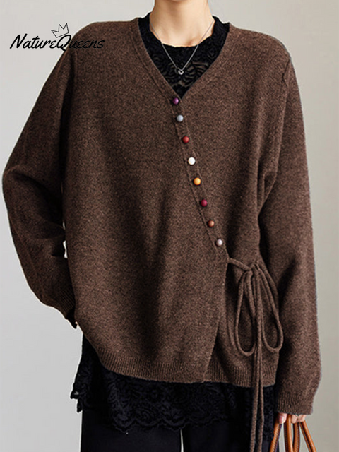 Women's Colorful Button Wool Lace-Up Sweater