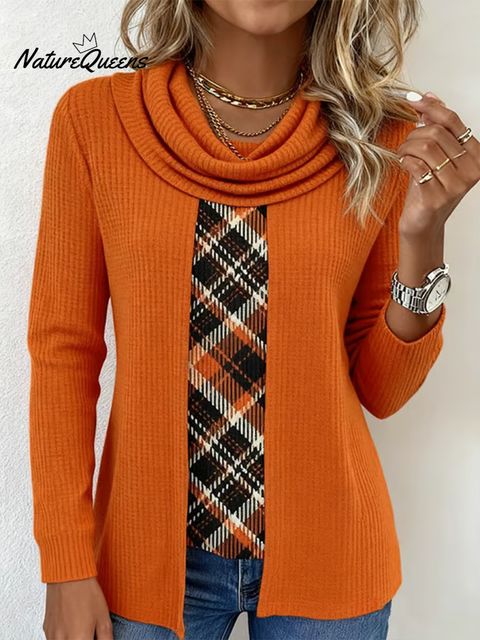 Women's Casual Scarf Collar Plaid Patchwork Knitted Pullover Top