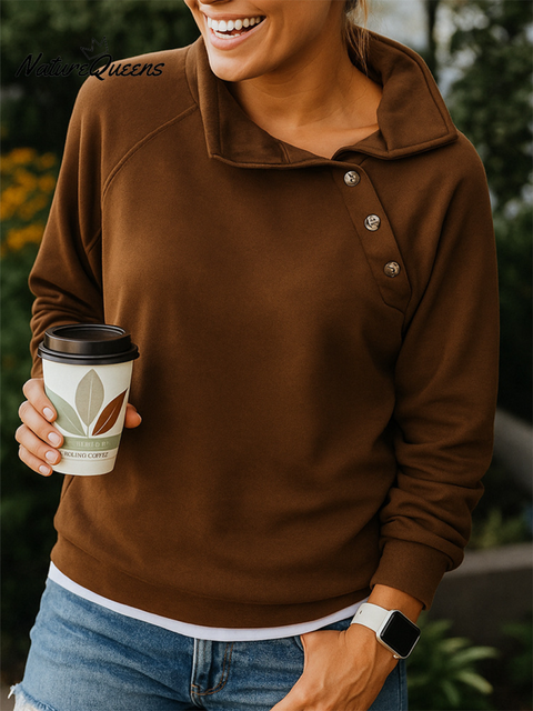 Women's Casual Button-down Slant Collar Sweatshirt