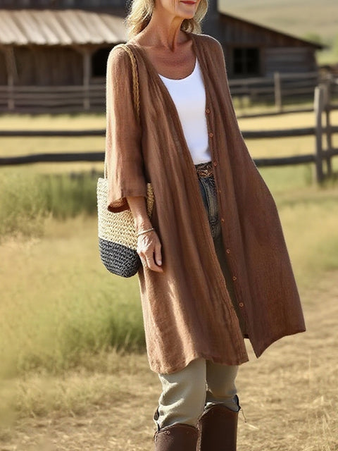 Women's Solid Color Cotton and Linen Mid-length Cardigan