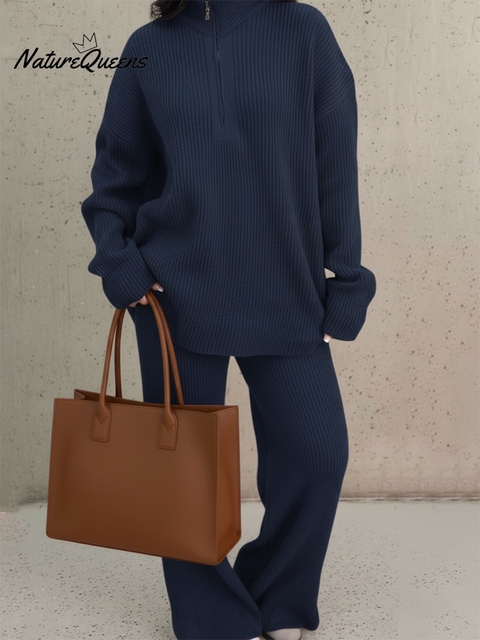 Women's Casual Solid Color Zipper Knit Top Wide Leg Pants Two-Piece Set